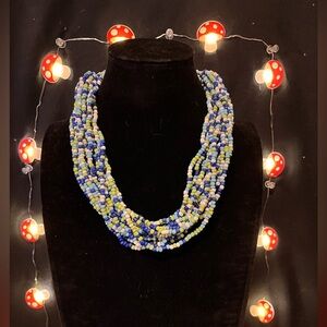 Blue, White, Green Glass Seed Beads Necklace